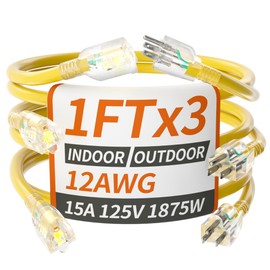 PlugSaf 12/3 Gauge Yellow Indoor Outdoor Extension Cord 1FT (3 Pack) with Lighted Indicator,3 Prong SJTW Heavy Duty Extension Cable with 3 Prong Grounded Plug for Safety,ETL Listed