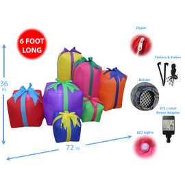 6 Foot Long Christmas Inflatable Multicolor Gift Boxes LED Lights Outdoor Indoor Holiday Decorations Blow up Lawn Inflatables Home Family Decor Yard Decoration