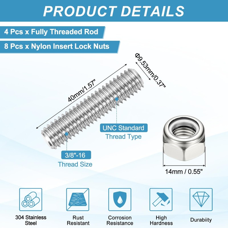 PATIKIL 4Pcs 3/8"-16x40mm Threaded Rods with Hex Nuts, 304 Stainless