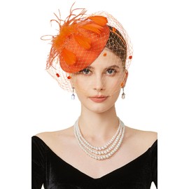 BABEYOND Fascinator Hat Veil Feather Fascinators Hair Clip Tea Party Pillbox Derby Hat Fascinator Bridal Wedding Orange