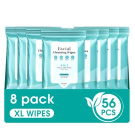 Facial Cleansing Wipes, Green Tea Oil Extract for Face Cleansing, Salicylic Acid for Acne Treatment, Hydrating Pore Care for Sensitive Skin, Exfoliating & Soothing Double-Sided Cleansing Wipes, 56PCS