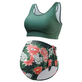 GINKANA Maternity Bikinis Two Piece High Waisted 2 Piece Swimsuits Cutout Racerback Bathing Suit Cute Tie Knot Maternity Swimsuit,Green,M
