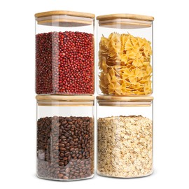 ComSaf Glass Storage Containers with Lids, 1.2 Qt Glass Jars with Lids, Clear Food Storage Jar, Canister For Pantry Cookie Flour Cereal Rice Sugar Tea Coffee Beans Spice, Square Set of 4