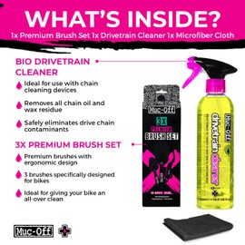 Muc-Off Bio Drivetrain Cleaner 500ml & 3x Premium Bike Brush Set | Includes Soft Washing, Claw & Detailing Brush | Fast-Acting Biodegradable Bike Chain Cleaner | Deep Cleans Chain, Cassette & Mechs