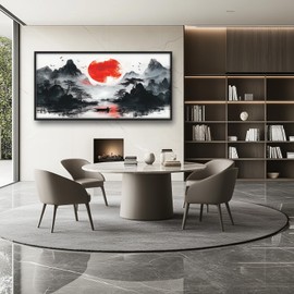 Large Wall Art for Living Room, Big Asian Mountains Wall Decor Watercolor Nature Landscape Canvas Red Sun Painting Home Decoration for Living Room Bedroom Office Framed 60"x30"
