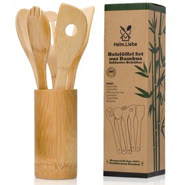 Heim.Liebe Premium Wooden Bamboo Spoon Set Including Container - Sustainable Bamboo (FSC) - LFGB - German Brand - Cooking Spoon, Mixing Spoon, Spatula, Perforated Ladle, Fork Spoon, Container