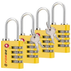 Forge Dual-Opening: Key or Combination Access Lock, TSA Approved Locks for Luggage, Pelican case, Travel, Gym, School, Stainless Steel Shackle.(Yellow, 4 Pk)