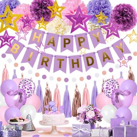 Birthday Decorations for Women Purple Party Decorations - Glitter Purple and Gold Happy Birthday Decorations with Hanging Star, Pink and Purple Party Supplies, Great for Womens Birthday Decorations