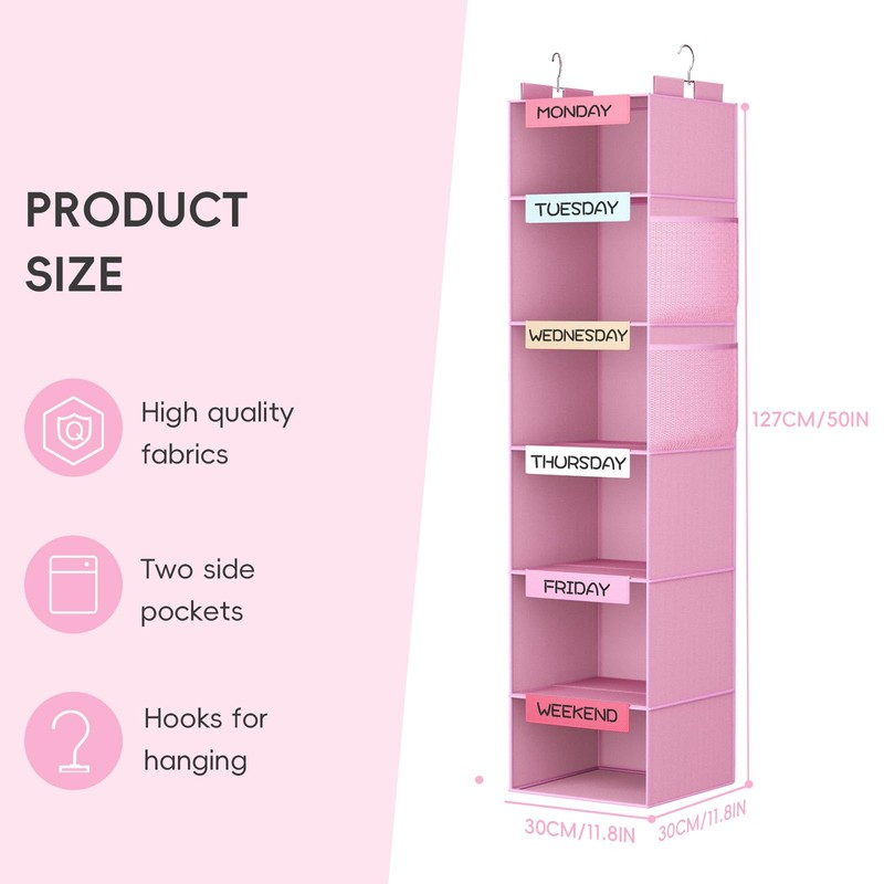 VERONLY Weekly Hanging Closet Organizer for Kids, 6-Shelf Clothes Storage