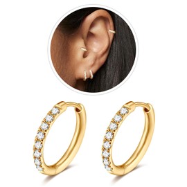 1 Pair Gold Small Hoop Earrings Cubic Zirconia Huggie Hoop Earrings,Hypoallergenic 14K White Gold Plated Cartilage Piercing Earrings Ear Cuff Tiny (10mm, Gold)