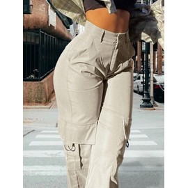 SDNGED Cargo Pants for Women High Waisted Casual Pants Work Pants Baggy Stretchy Wide Leg Y2K Streetwear with Pockets (US, Alpha, Medium, Regular, Regular, Apricot)