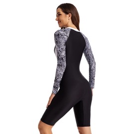 Womens Long Sleeve Swim Bodysuits One Piece Athletic Training Swimwear Knee Length Zip Front Rash Guard UV Sun Protection Floral Printed Beach Bodysuit Surfsuit Built in Bra