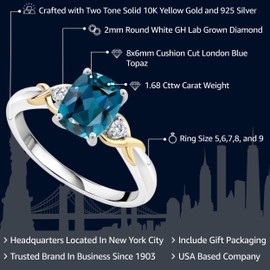 Gem Stone King 2 Tone 10K Yellow Gold and 925 Sterling Silver London Blue Topaz and White Lab Grown Diamond Women Ring (1.68 Cttw, Gemstone Birthstone, Available In Size 5, 6, 7, 8, 9)