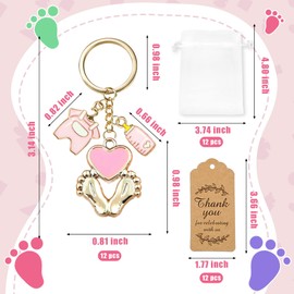 BUYWUMORE 12 Sets Baby Shower Favors for Girl Pink Footprint Keychains Gifts with Bottle Baby Clothes White Organza Bags and Thank You Tags for It's a Girl Decorations Baby Shower Party Supplies