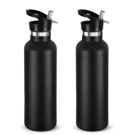 Neihepal 24oz Insulated Water Bottles Bulk 2 Pack,Stainless Steel Double Wall Sport Bottle with Straw Lid,Reusable Metal Cup with Hand Cap for School,Cyclists,Hikers,Gift (Black,Set of 2)