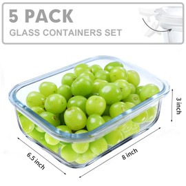 VERONES 5 Pack 36 OZ Glass Meal Prep Containers, Airtight Glass Lunch Containers Set, Food Storage Containers with Lids,Exclusive of BPA, for Microwave, Oven, Freezer & Dishwasher Friendly,White