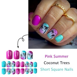 Purple Blue Gradient Press on Nails Short Square Fake Nails Coconut Tree Seagull Designs Summer Press on Nails Stick on Nails Full Cover False Nails Glossy Acrylic Nails for Women Nail DIY 24 Pcs
