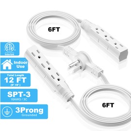 3 Prong 12 FT Twin Extension Cord Power Strip, 6 Feet and 3 Outlet on Each Side, Flat Head Outlet Plug Extender, Double Extension Cord Splitter for Home and Office Use (White)