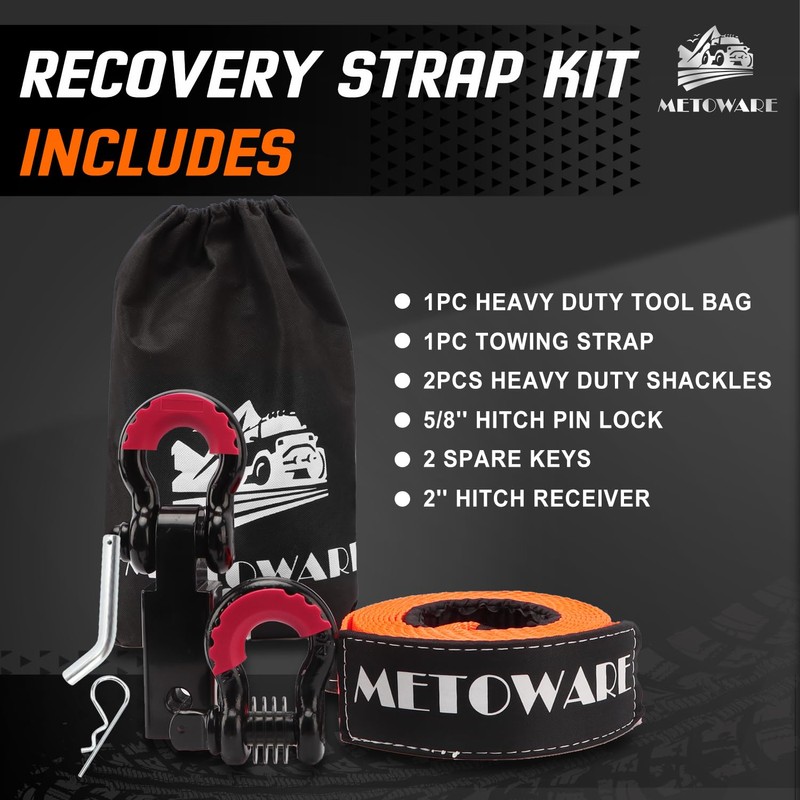 METOWARE Heavy Duty Tow Strap Recovery Kit - 3" x
