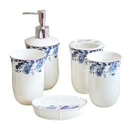LE POTOCIO Bathroom Accessories Set, 5-Piece Ceramic Bathroom Accessory Set, Includes Soap Dispenser, Toothbrush Cup, Toothbrush Holder, Soap Dish, Bathroom Organizer for Modern Bathrooms (Blue A)
