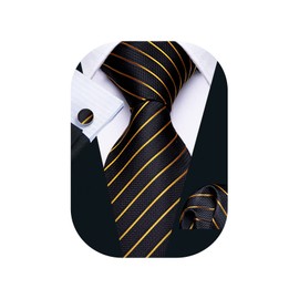 Barry.Wang Stripe Men Ties Set Classic WOVEN Necktie with Handkerchief Cufflinks Formal Black Gold