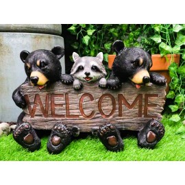Rustic Bears and Raccoon Statue Holding an Outdoor Faux Wood Welcome Sign in ...