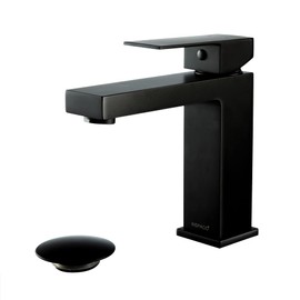 INSPACO Single Handle Bathroom Faucet,Bathroom Faucets for Sink 1 Hole, Modern Brass Single Hole Bathroom Faucet with Overflow Pop-up Drain and Deck Plate(Matte Black)
