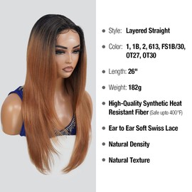 STUDIOCUT BY PROS 26 Inch Layered Long Waist Length Straight Lace Front Wigs Middle Center Part Wig for Black Women Heat Resistant Synthetic Wigs DPL001 (26 Inch, OT27)