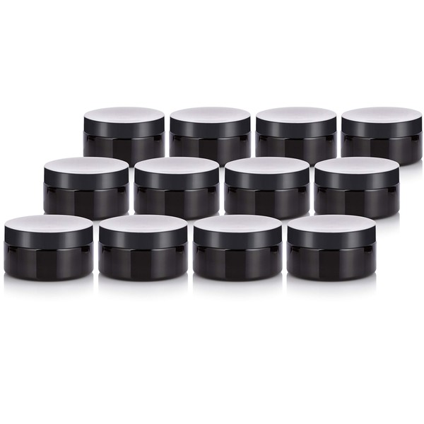Black PET Plastic (BPA Free) Refillable Low Profile Jar - 8 oz (12 Pack)