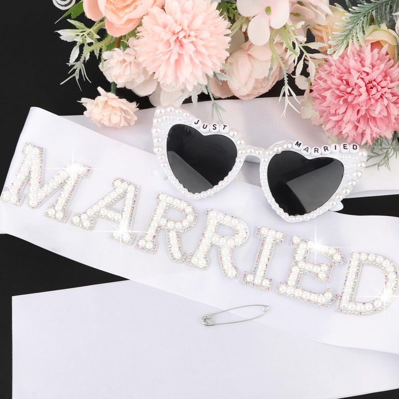 CIEHER Just Married Pearl Bride Sash and Bride Heart Shaped