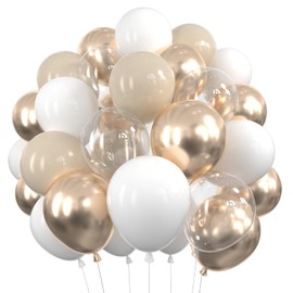 White and Clear Champagne Gold Balloons Set 12 Inches,70 Pcs White Sand Transparent Metallic Champagne Gold Latex Balloons for Boho Birthday Engagement Wedding Party Decorations