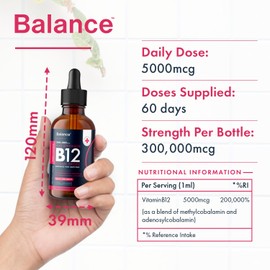 Balance ? Vitamin B12 Liquid Drops - High Strength 5000mcg per Serving - Vegan Supplement - 60ml Bottle at 4X Concentration - 2 Month Supply of Premium Vitamin B12 Extract - Made in UK by Balance