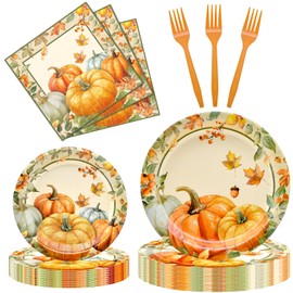 96 Pieces Fall Plates and Napkins Thanksgiving Tableware Set, Pumpkin Maple Leaf Disposable Dinnerware with Paper Plates, Napkins, and Forks for Thanksgiving Autumn Harvest Party Supplies- Serves 24