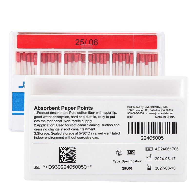 JMU Absorbent Paper Points .06 Taper #25, Spill-Proof Box, 100pcs/Pack