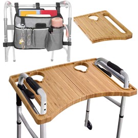 Walker Tray & Storage Bag Combo with Cup Holder, Large Capacity, Water-Resistant, Bamboo Tray for Rolling Folding Walkers, Lightweight Walker Accessories for Seniors(2 Cup Holder, Grey Bag)
