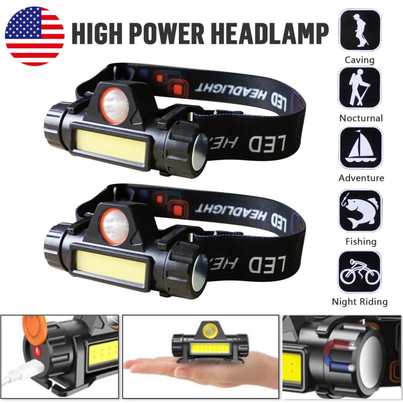 2x 1200000LM LED Headlamp Rechargeable Headlight Zoom Head Torch Lamp