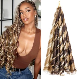 S-noilite French Curl Braiding Hair 24 inch 3 Pack Loose Wavy Spiral Curly Crochet Hair Deep Wave Synthetic Extensions for Braiding Pre Stretched Bouncy Braiding Hair, Brown Blonde Mix Highlight