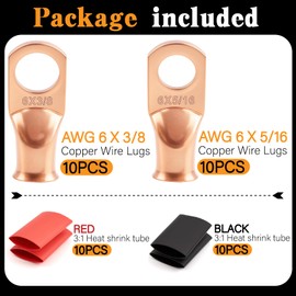 20PCS 6 AWG 5/16 3/8 inch Battery Cable Lugs,6 gauge Copper Crimp Connector Ring Terminal Wire Ends with 20pcs 3:1 Adhesive Heat Shrink Tubing in Dual-neck bottle