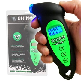 Rhino USA Digital Tire Pressure Gauge 150 PSI, 4 Ranges, Ergonomic Design w/Lighted Nozzle & LCD Backlit Display - Certified Accurate Readings, Best Digital Gage (Green)