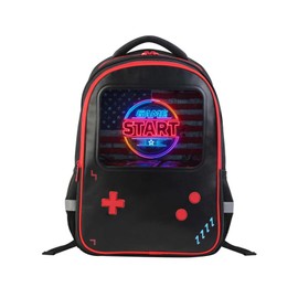 AnySmic Video Game School Backpack for Boys 6-12 with Leather Front Panel | Game Start Neon Bookbag Arcade Style | Kids Gaming School Bag 17" Large Capacity Cool Daypack for Travel Outdoor