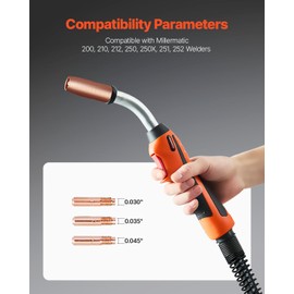 VEVOR 250Amp Mig Welding Gun with 15FT Cable, Compatible with Millermatic 200, 210, 212, 250, 250X, 251, 252 Welders, Suitable for 0.030", 0.035" and 0.045" Welding Wires