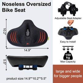 Upgrade Oversize Bike Seat for Men Women, Extra Wide Noseless Bicycle Seat Cushion, Waterproof Comfort Memory Foam Bike Saddle Fit for Peloton Bikes, Exercise Bike, EBikes, City Bike