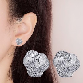 14k Gold Stud Earrings for Women, Trendy Dainty Small Round Knot Braid Gold Plated Twisted Hypoallergenic Silver Stud Earrings for Teen Girls Jewelry Gifts (Silver)