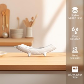 Aijohnny Large Ceramic Spoon Rest for Stove Top, Stable Porcelain Utensil Spoon Holder for Kitchen Counter Bridge Dish Glaze Sauce Tray Fruits Dish Dining Table Decor Easy Clean (White)