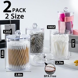 XIPENGKEJI 2 Pack Qtip Holder,Canister Apothecary Jar Set, Bathroom Jars with Lids Set for Cotton Swabs, Balls, Pads, Floss Picks,10oz-12oz Plastic Canisters Restroom Bedroom Vanity Organizer(Clear)