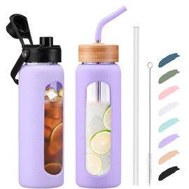 Kodrine Water Bottle with Straw, 24 oz Glass water Bottle with 2 Lids Bamboo Straw Lid and Spout Lid with Handle, Clear Water Bottle Glass for Sports Travel, Waterbottle with Time Marker, Purple