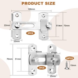 GZLCEU Pack of 6 Door Bolts, Stainless Steel Bolt Bolt 90°/180° Door Lock for Bathroom, Cabinet, Furniture, Bedroom, Doors, Windows (3 Pieces of Each in 2 Sizes)