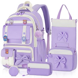 Aomutrsn 5pc Cute Girls Backpack with Lunch Box Set, Purple Kawaii Aesthetic Bookbag, Kids School Backpack for Teen & Elementary