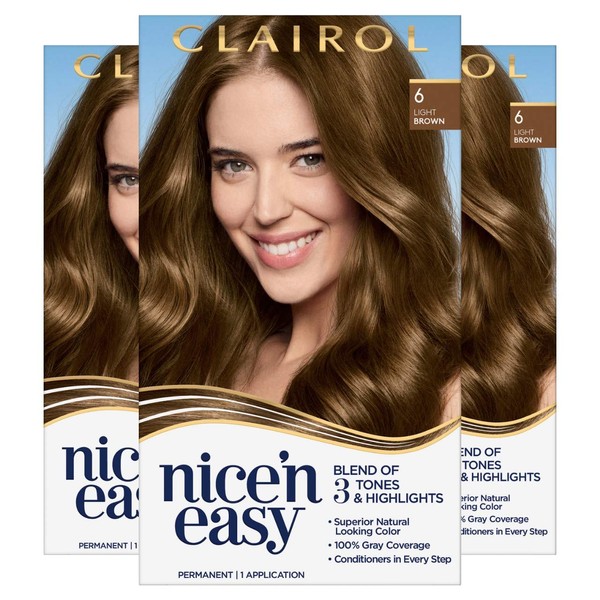 Clairol Nice'n Easy Permanent Hair Color, 6 Light Brown, Pack of 3