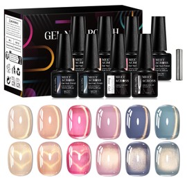 MEET ACROSS Jelly Cat Eye Gel Nail Polish 9Pcs Magnetic Gel Polish Set with Magnet, Pink Gold Blue Nail Gel Soak Off Nail Art Salon Home Gift for Women 6 Colors